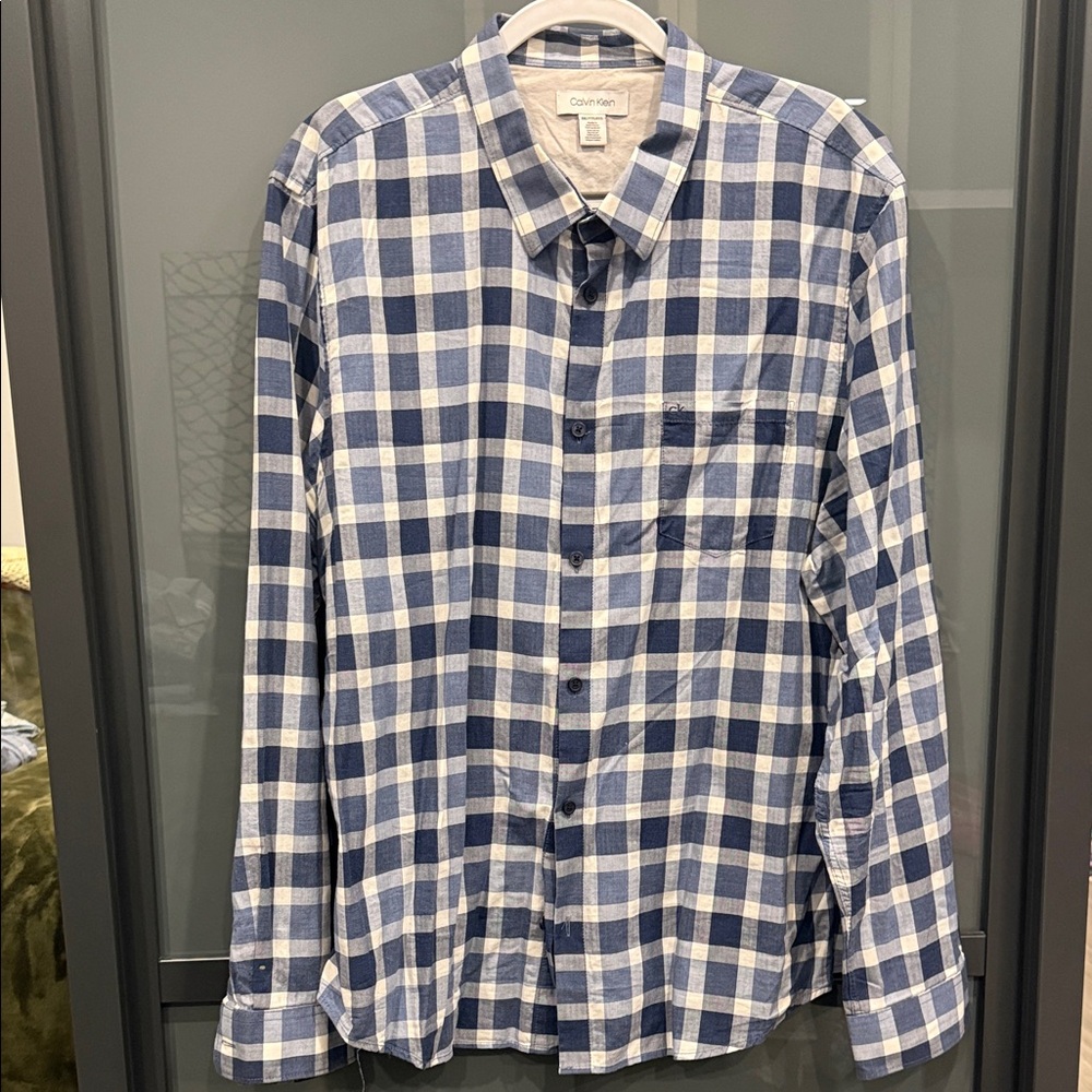 Calvin Klein Men's Navy and White Plaid Shirt